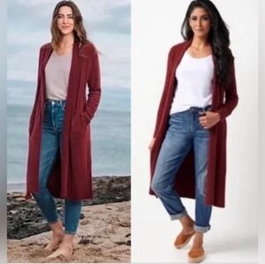 Barefoot Dreams CozyChic Lite Catalina Long Cardigan Women Size Small Burgandy